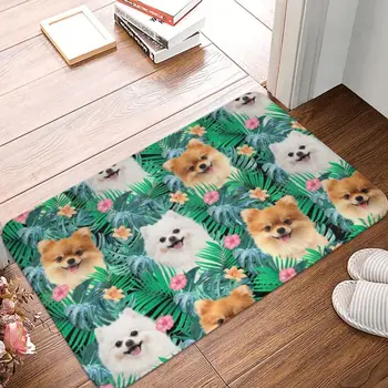 Собака Померанского шпица С летним ковриком из листьев, Нескользящий коврик для кухни, ванной комнаты, сада, гаража, входной двери, ковер