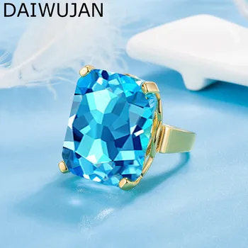 Модные украшения, женское кольцо, кольцо с большим синим кристаллом Для женщин, Золотой цвет, AAAAA, Циркон, Свадебные Аксессуары для помолвки