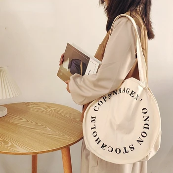 1 предмет, женская сумка-тоут круглой формы, холщовое украшение с буквами, повседневная женская мягкая сумка через плечо, сумка многоразового использования, сумка-тоут