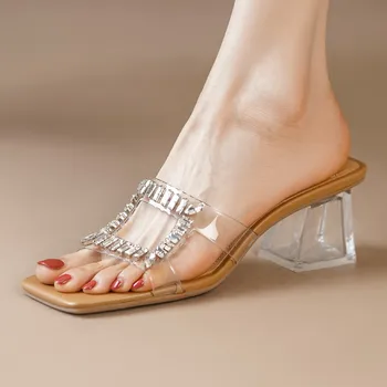Женские прозрачные слипоны из ТПУ на среднем каблуке толщиной 5 см, слайды с открытым носком, элегантные женские летние платья с украшением в виде кристаллов, сандалии на каблуках, женская обувь на каблуках