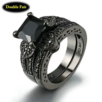 Высококачественные Роскошные кольца с черным кубическим цирконием, наборы из черного золота, модный бренд ювелирных изделий с кубическим цирконием для женщин DWR612