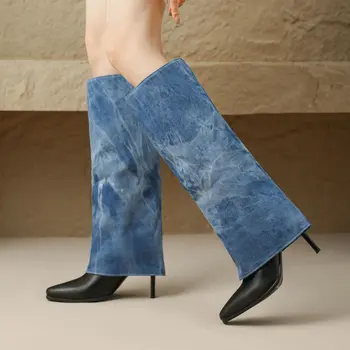2023 Модные Женские джинсовые сапоги на тонком высоком каблуке, сапоги до колена, осень-зима, Женские ботинки на молнии, Обувь Больших размеров 34-46