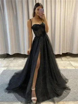Платье черное блестящее линия тюль спагетти ремни милая стороне кости разрезом длинное вечернее платье платье с пайетками