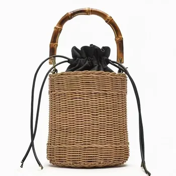 Летняя новая сумка из ротанга, бамбуковая сумка через плечо, тканая сумка ручной работы, модная соломенная сумка-цилиндр
