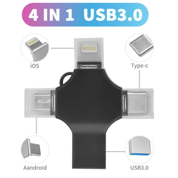 Высокоскоростной USB Флэш-накопитель 64 ГБ 128 ГБ Lightning OTG Pen Drive 32 ГБ 256 ГБ TYPE-C Memory Stick 4 в 1 USB-Накопитель для Iphone