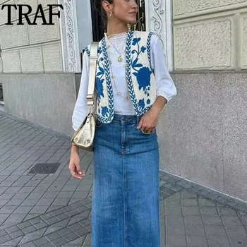 Женский жилет с вышивкой TRAF, цветочные жилеты без рукавов для женщин, лето 2023, открытый укороченный жилет, женская уличная одежда, куртка, жилет