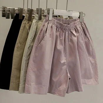 Летние шорты с эластичной резинкой на талии, женские однотонные шорты с широкими штанинами, универсальные повседневные короткие брюки, женские шорты 2023 года выпуска