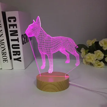 Деревянная собака Бультерьер 3D Лампен 7 цветов USB ночник светодиодный для детей на День рождения Креативный прикроватный декор Подарок Бесплатная прямая поставка