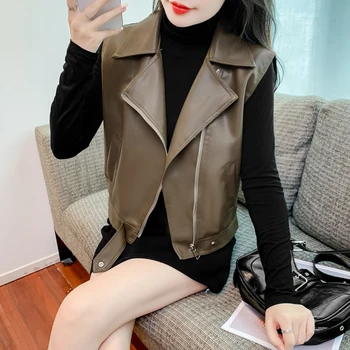 Новая Ретро Корейская версия 2023, женская дизайнерская Тонкая мотоциклетная кожаная куртка без рукавов, модный уличный жилет