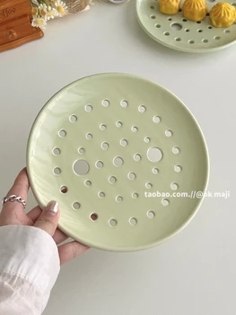Простая керамическая тарелка для пельменей, Пористая паровая тарелка, Круглая паровая тарелка, сливная тарелка, Перфорированная паровая чаша