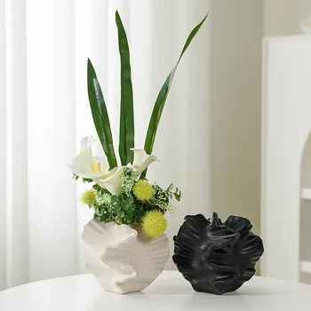 Европейская Однотонная Обжигаемая Белая Черная Керамическая ваза с матовой текстурой, вставка из гидропонных сухих цветов, Предметы домашнего декора.