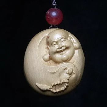 Китайский самшит Ручной работы, Статуя Счастливого Будды Майтрейи, Амулет, ожерелье с рюкзаком, украшенный нэцкэ Подарок
