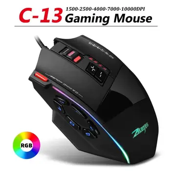Игровая мышь ZELOTES C-13 RGB с боковыми кнопками, макро-программирование, 10000 точек на дюйм, регулируемая 13-клавишная проводная USB-мышь с подсветкой для рабочего стола