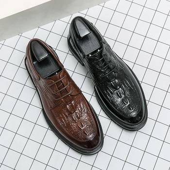 Высококачественная мужская кожаная обувь из кожи аллигатора 2023 года, новые повседневные официальные деловые туфли с острым носком