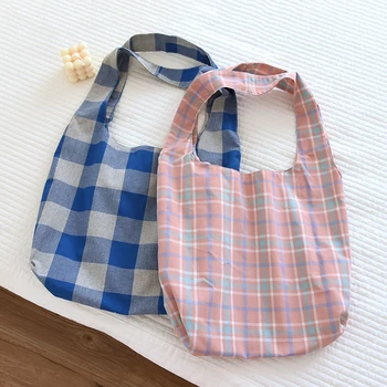 Винтажные ретро хлопчатобумажные сумки через плечо в полоску и клетку, красочная экологическая сумка для покупок, сумка-тоут, повседневная женская сумка