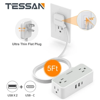 TESSAN Ultra Thin Flat Plug Power Strip с 4 Розетками переменного тока и 3 USB (1 USB C), 5-футовый Ультратонкий Плоский Удлинитель для путешествий по дому