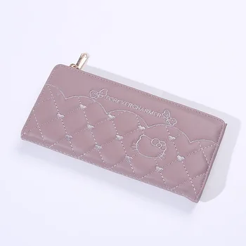 Женский кошелек Sanrio Hello Kitty с вышивкой для девочек, Большая емкость, многокомпонентный кошелек для сдачи карт, длинный зажим для денег из искусственной кожи