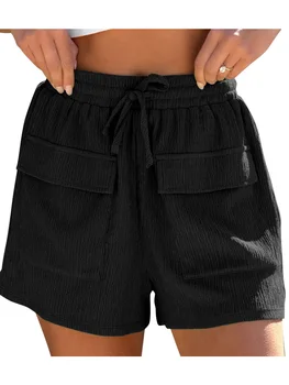 Плиссированные женские шорты с высокой эластичной талией, Новые летние повседневные брюки на завязках с карманами, женские однотонные короткие брюки