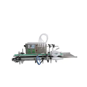 Высокопроизводительная настольная автоматическая машина для розлива жидкости с четырьмя головками и конвейерной лентой для малого бизнеса