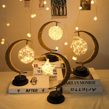 Светодиодный фонарь Ночник Рождественское украшение комнаты Зачарованная Луна Лампа для мастера ручной работы из пеньковой веревки Железный художественный шар Light Moon