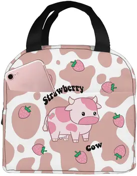 Ланч Бокс с клубничной коровой Многоразовая сумка для ланча Мультяшная Розовая сумка-тоут С передним карманом Школьница Мальчик Путешествия