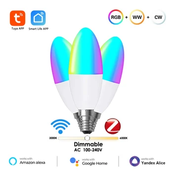 Kedia Tuya E14 Smart ZigBee WiFi Свеча-Лампочка Европейские Лампочки RGB LED WW Лампа Через Smart Life Alexa Google Home Alice