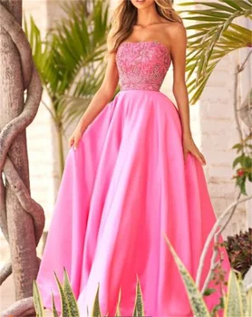 Летнее розовое платье для выпускного вечера, бальное платье, расшитое бисером, кружевной пышный пояс с бриллиантами, длина до пола, Элегантное вечернее платье, новинка