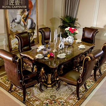 Сочетание обеденного стола и стула в европейском стиле на роскошной вилле из массива дерева, резного натурального мрамора, длинный обеденный стол и стул