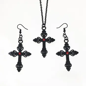 2шт Женское ожерелье с висячим крестом, серьги, Подарочный набор, модные украшения в готическом винтажном стиле, подвески в стиле Готический панк-рок