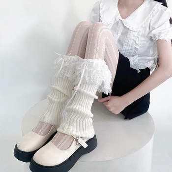 Женские осенне-зимние однотонные трикотажные гетры с кружевной отделкой, носки для голени, носки для ботинок, Уличная одежда для повседневной вечеринки