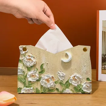 Коробка для салфеток с цветочным рисунком Современные украшения для стола в гостиной Домашний декор Бумажные контейнеры для автомобиля Настольные аксессуары Изделия из кожи