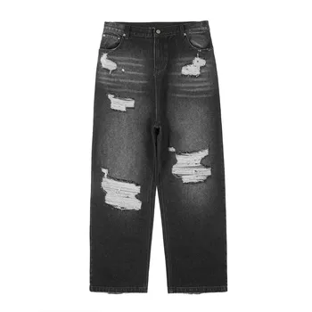 Уличные джинсы со свободными дырками, мужские Прямые Отбеленные Винтажные Повседневные Широкие брюки полной длины Four Seasons