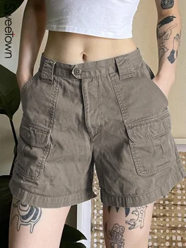 Серые повседневные летние джинсовые шорты для женщин с карманами, короткие джинсовые брюки с прямыми штанинами, винтажные грузы уличной одежды Y2K