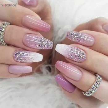 Градиентные фиолетовые ногти средней длины, дизайн с блестящими пайетками, накладные ногти для женщин и девочек, многоразовые накладные ногти
