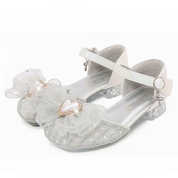 Детская обувь принцессы 2023, Новые весенне-осенние босоножки на высоком каблуке с кристаллами, модная кожаная обувь для девочек с бантом для выступлений