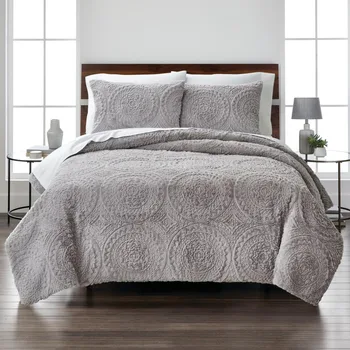 Комплект серого одеяла с вышивкой из искусственного меха из 3 предметов, King