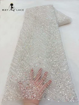 Майское кружево, Африканские бусины, кружевная ткань 2023, высококачественная вышивка бисером, Нигерийские Французские блестки, кружевной материал для свадебного платья