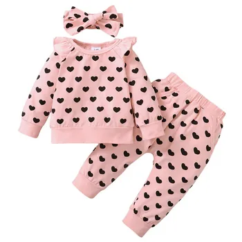Комплекты брюк для новорожденных девочек, осенняя одежда, топы и штаны с длинными развевающимися рукавами в виде сердца, повязка на голову с бантом, одежда для малышей