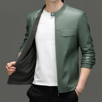 Зимняя мужская одежда из овчины, мотоциклетная куртка высокого класса, воротник-стойка, ретро-зеленая модная повседневная кожаная куртка