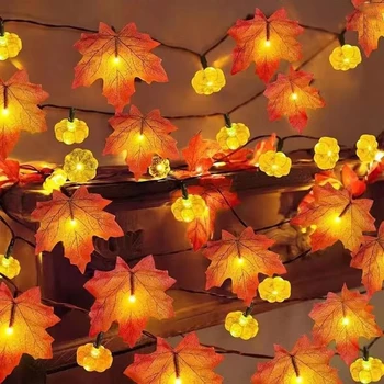 Гирлянды из кленовых листьев и тыквы, светодиодное освещение для внутреннего и наружного сада на батарейках, украшение для вечеринки в честь Хэллоуина и Дня Благодарения