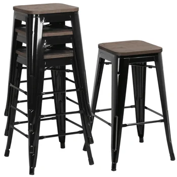 Барный стул Easyfashion, Черный, Набор из 4 Барных стульев для Кухни, Стульчик для кормления, Обеденные Стулья 15,70x15,70x26,20 дюймов